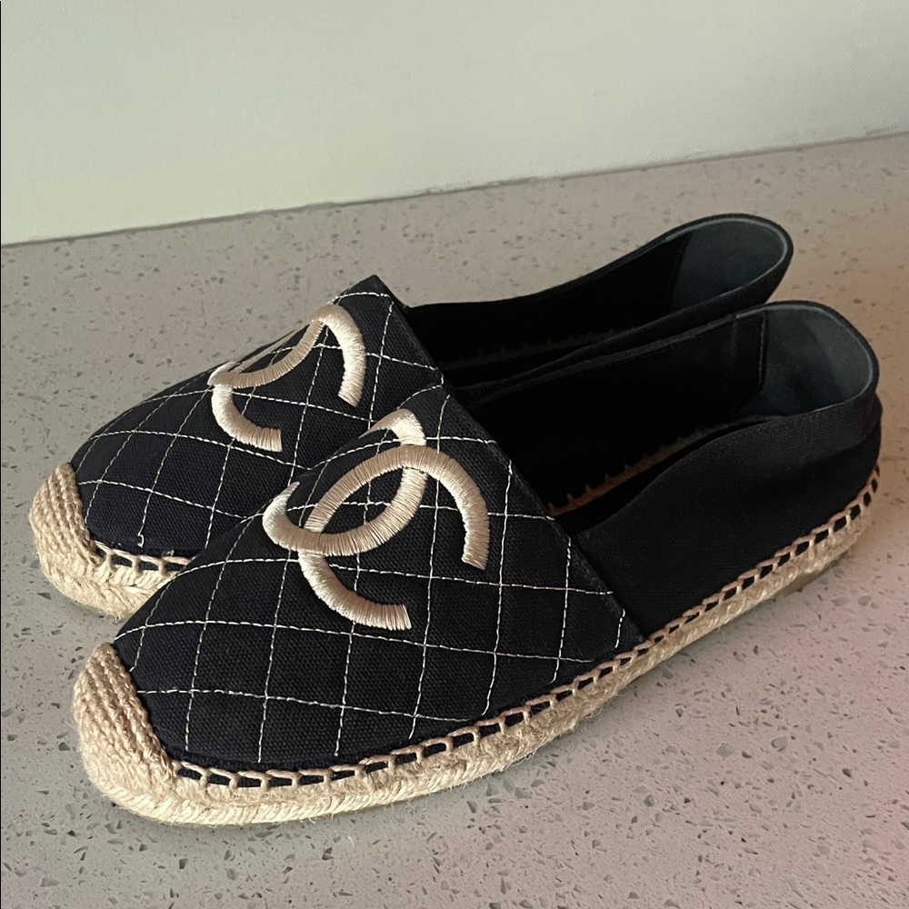 CHANEL Black and Cream Quilted Espadrilles
